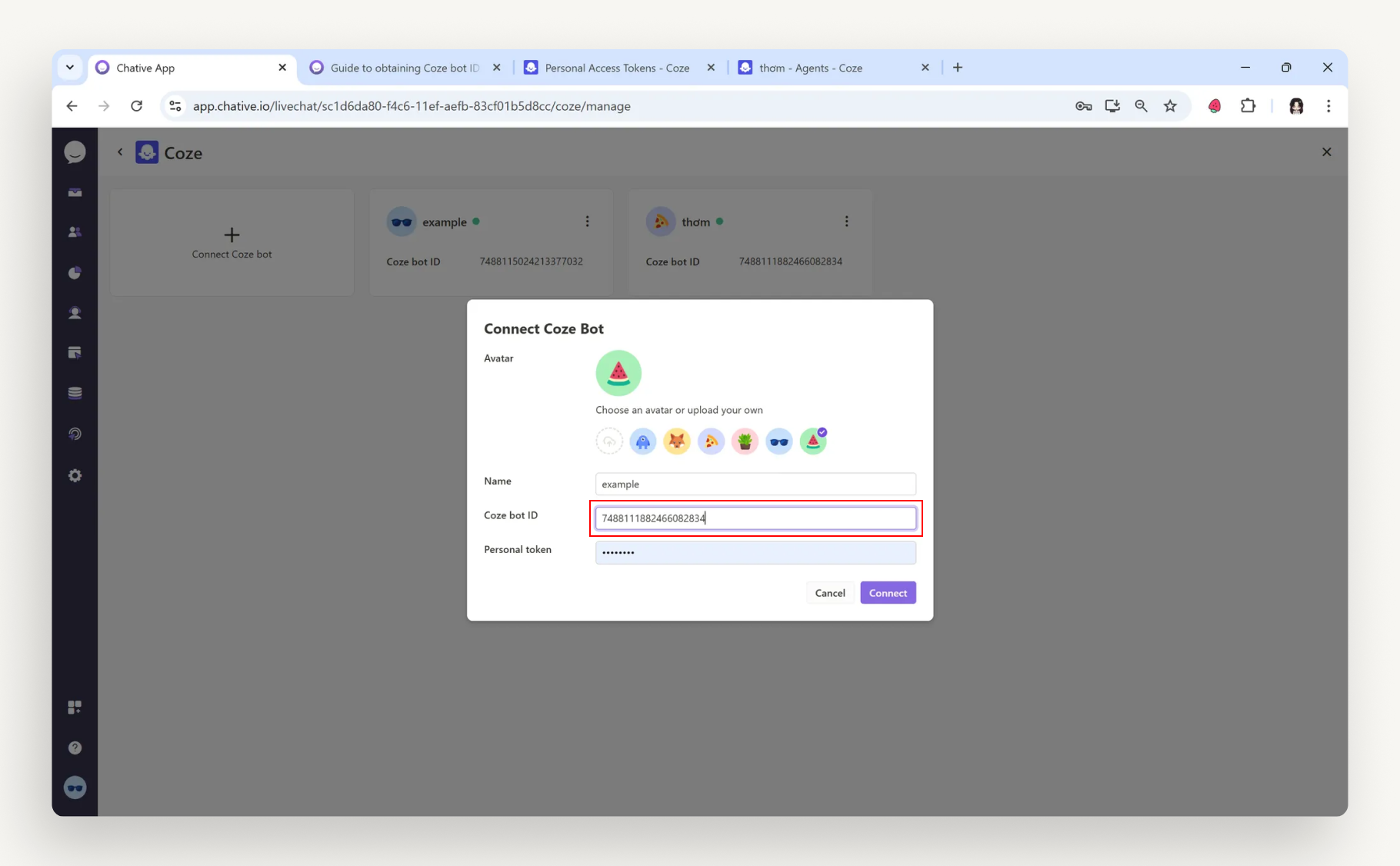 paste the copied ID into the Coze bot ID field