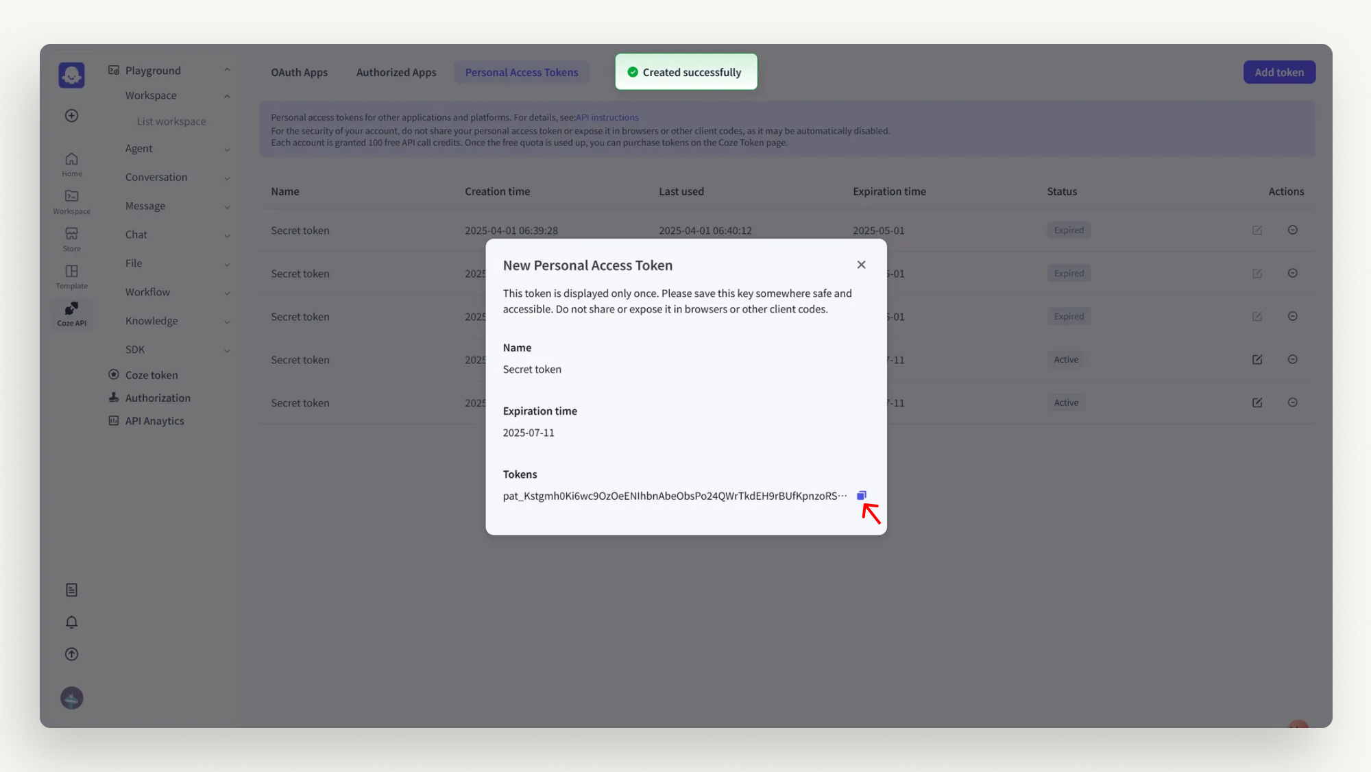 the token displayed in your screen