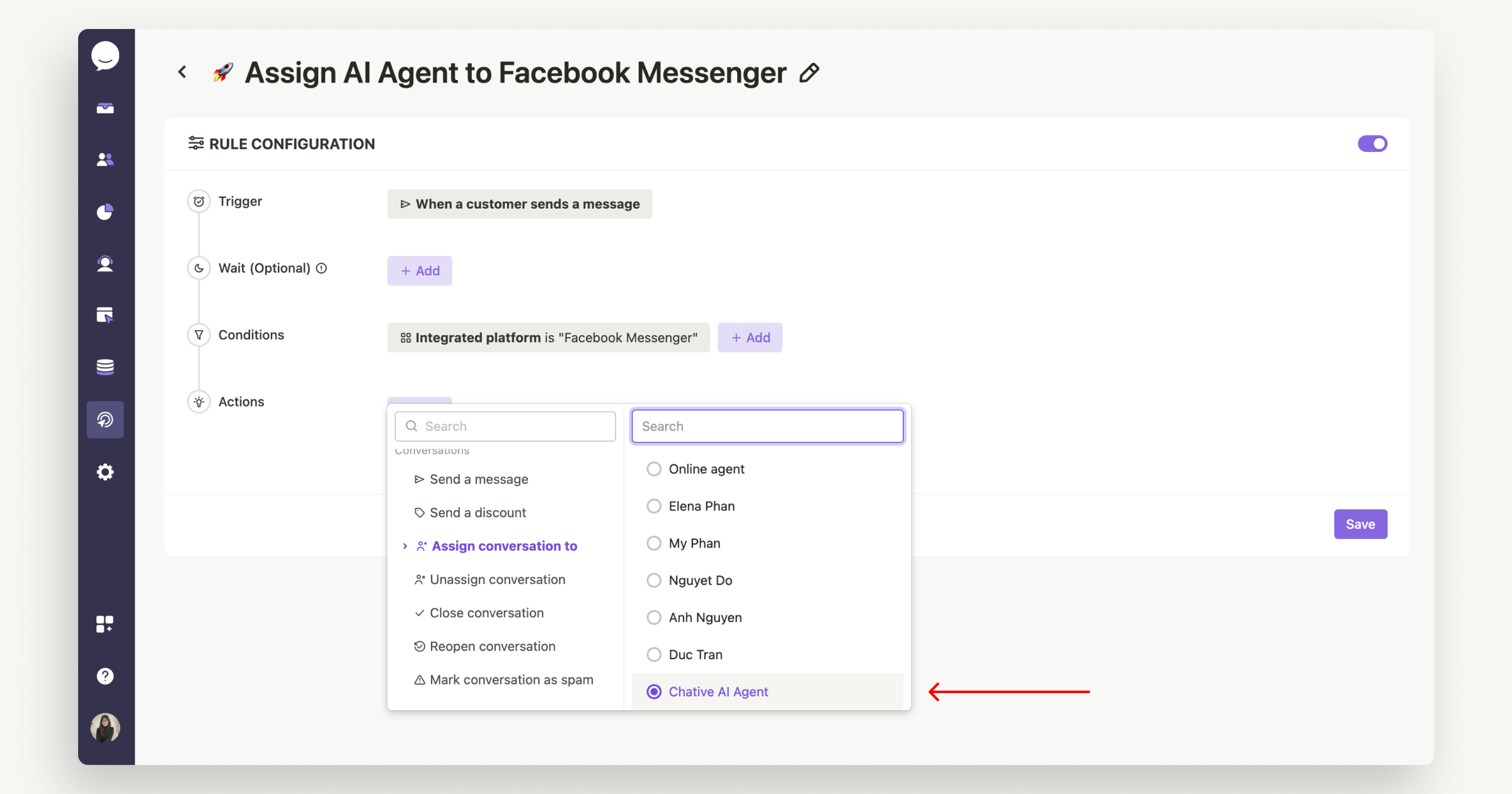 Assign AI Agent to Facebook Messenger channel automatically