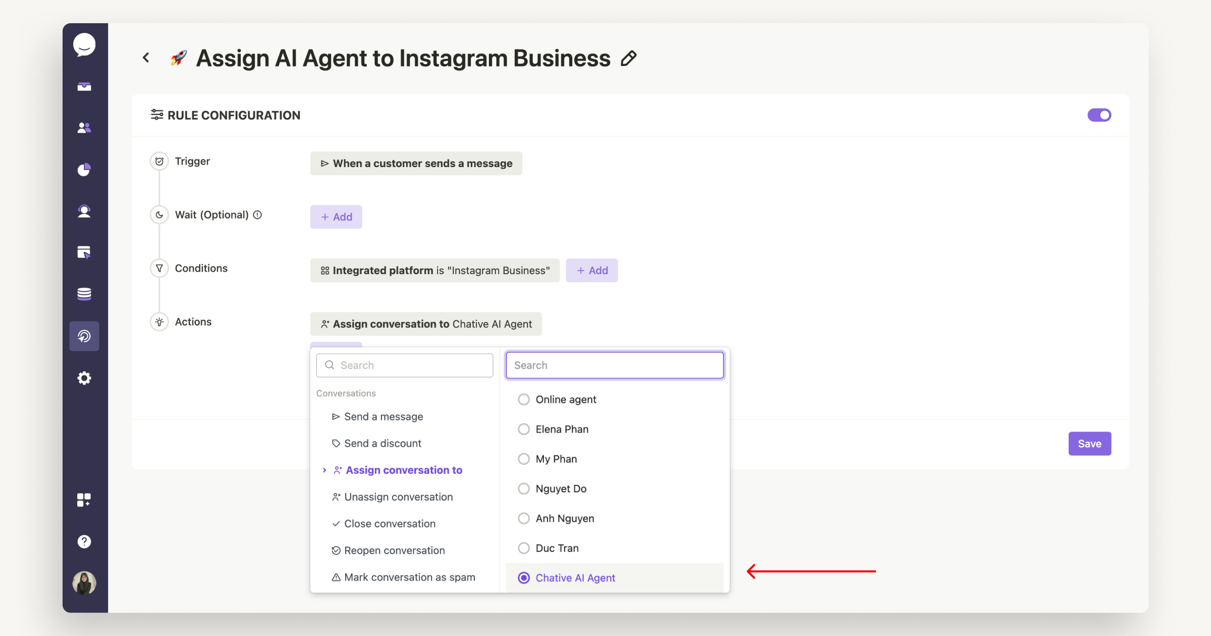 Assign AI Agent to Instagram Business channel automatically