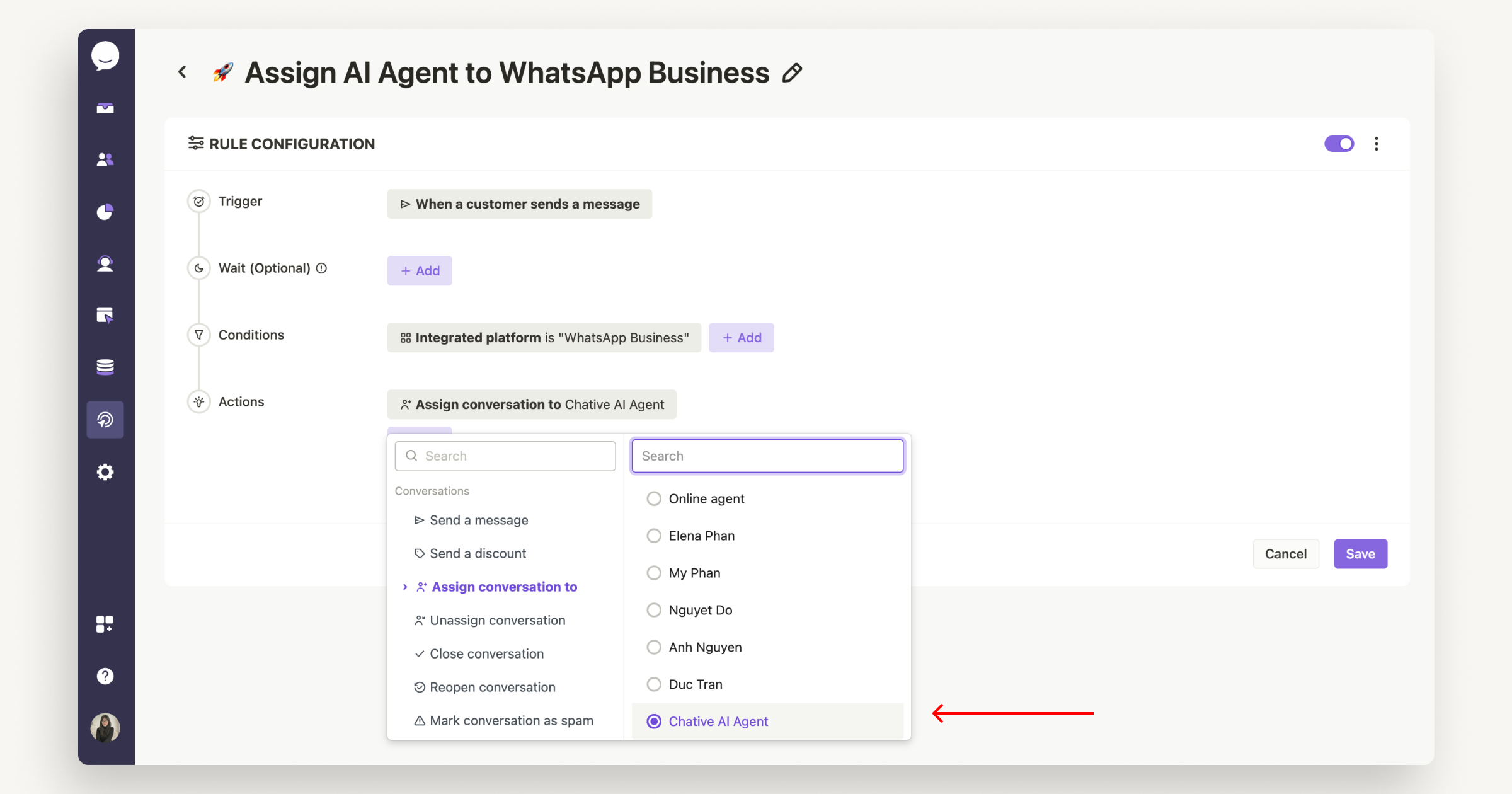 Assign AI Agent to WhatsApp Business channel automatically