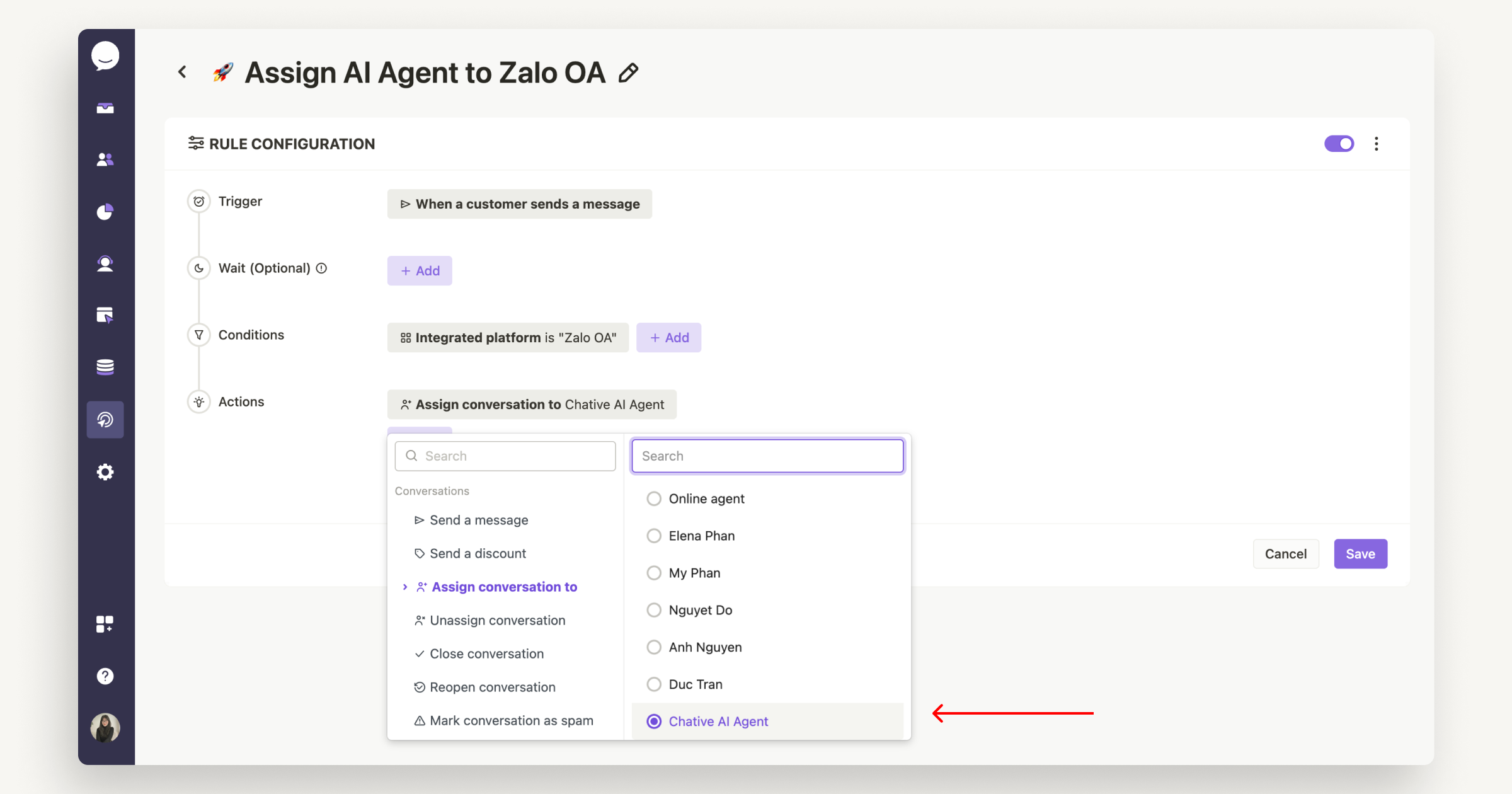 Assign AI Agent to Zalo OA channel automatically