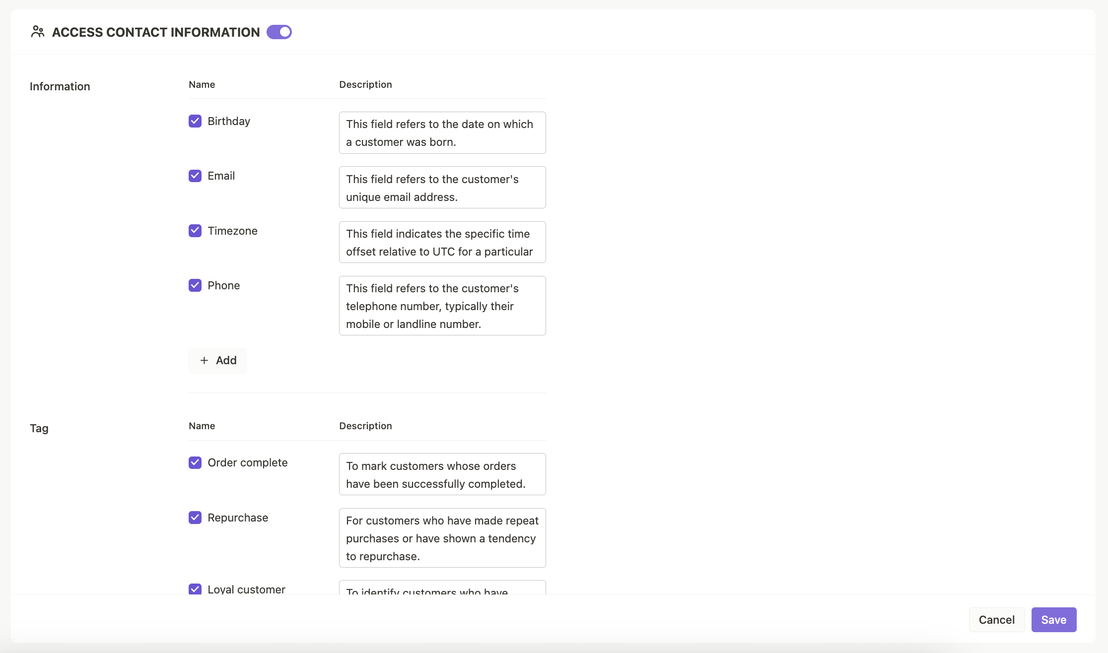 This photo shows the Access customer information section in AI Assistant configuration!