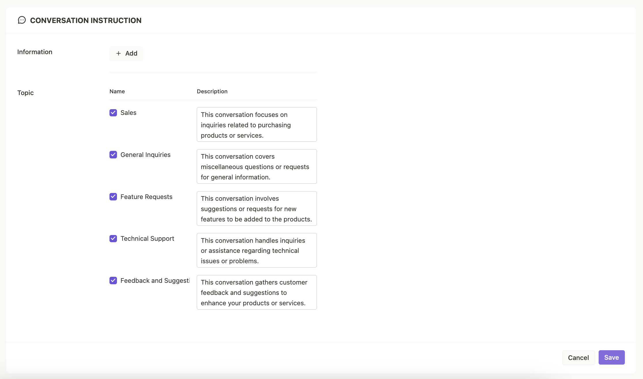 This photo shows the Conversation instruction section in AI Assistant configuration!