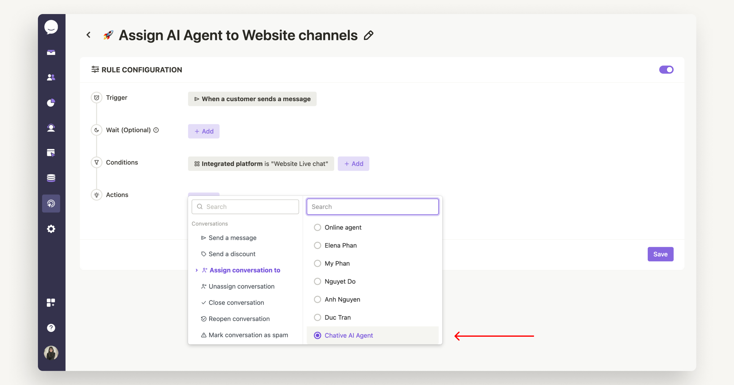 Assign AI Agent to website channel automatically