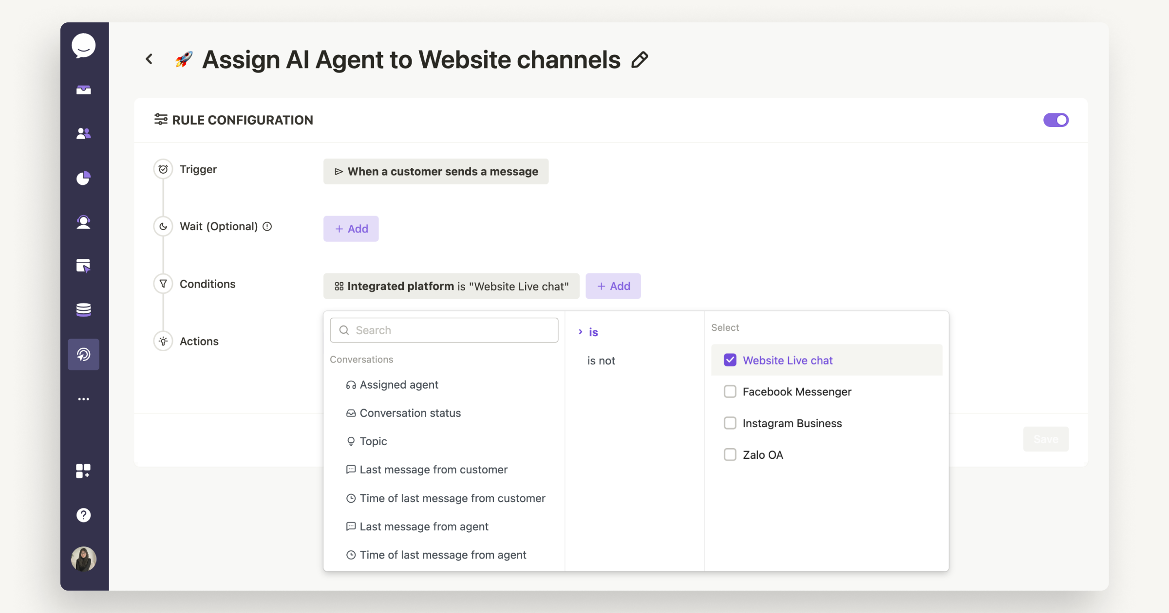 Assign AI Agent to website channel automatically