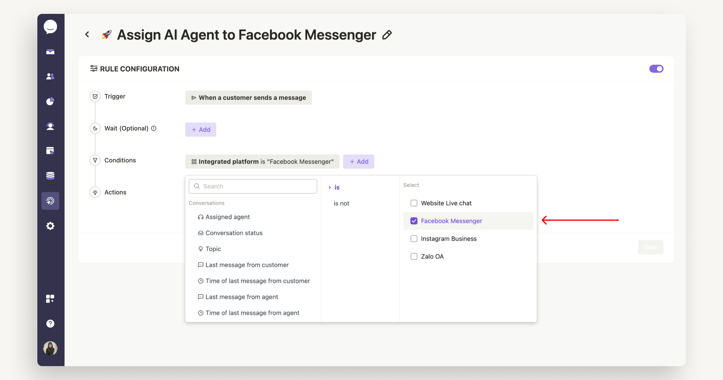 Assign AI Agent to Facebook Messenger channel automatically