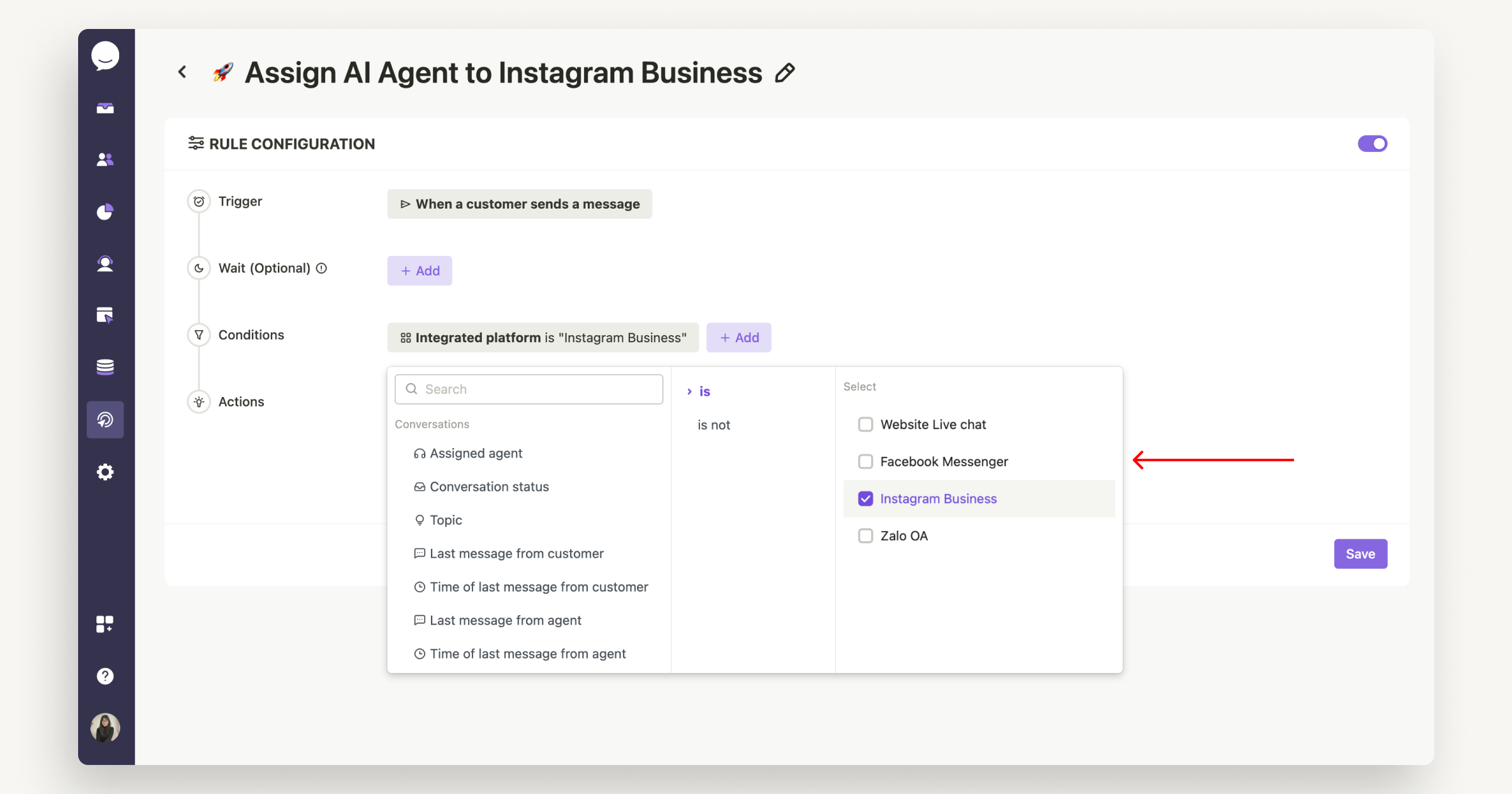 Assign AI Agent to Instagram Business channel automatically