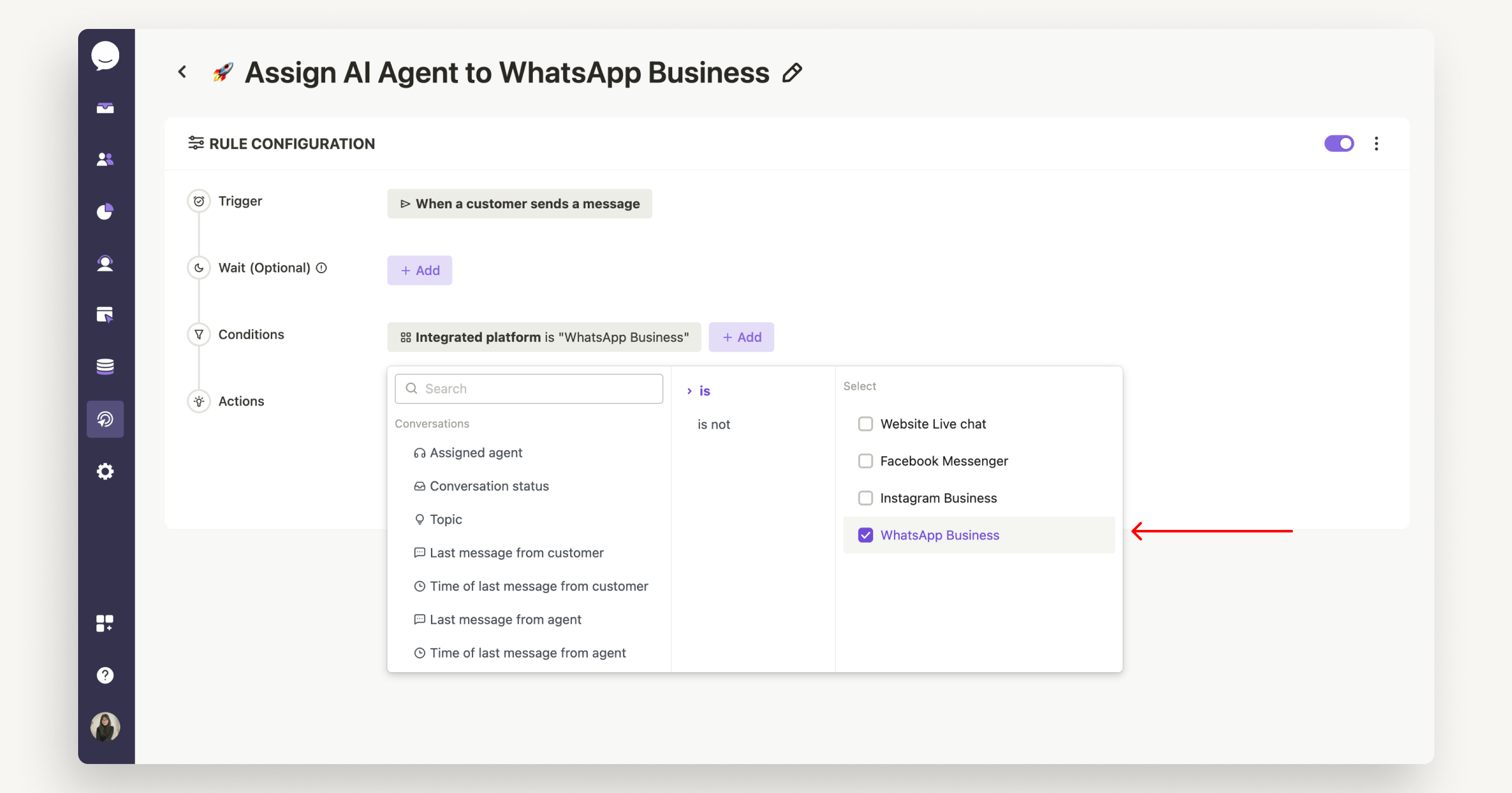 Assign AI Agent to WhatsApp Business channel automatically