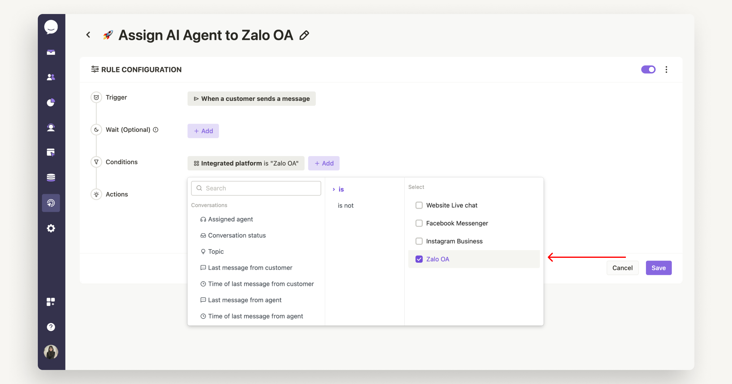 Assign AI Agent to Zalo OA channel automatically