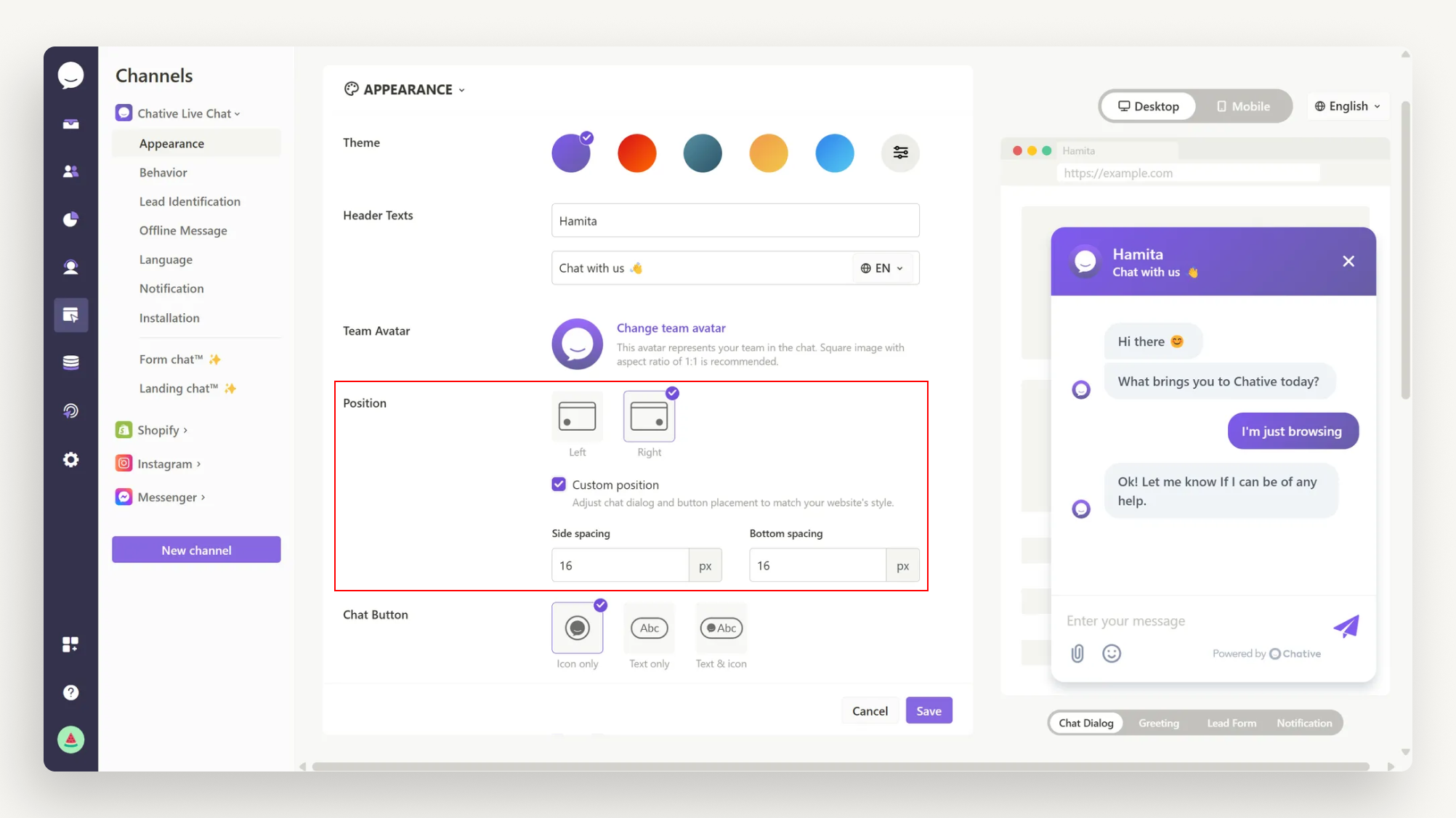 Custom live chat position