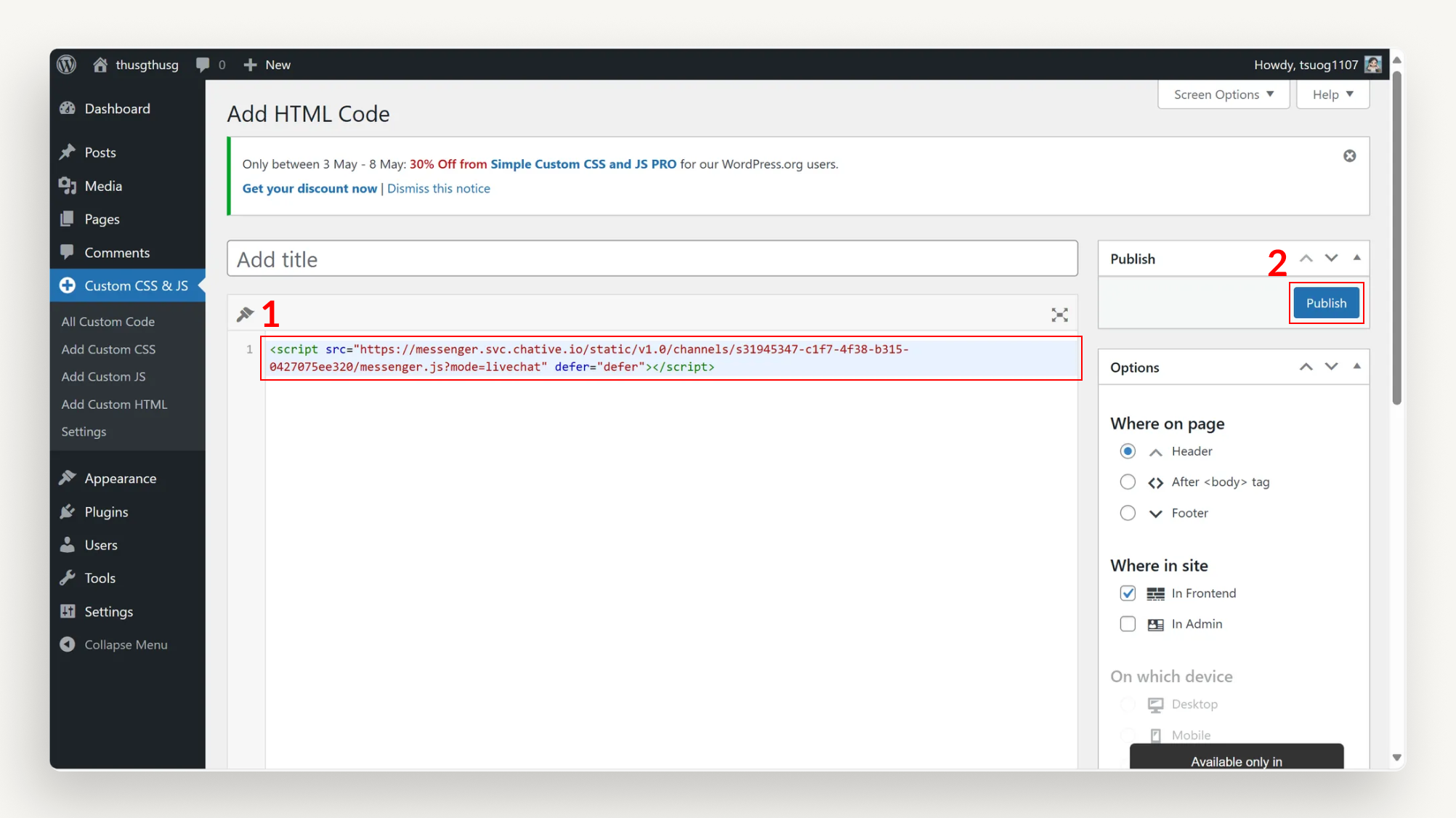 Paste the live chat code from Chative IO into the code field
