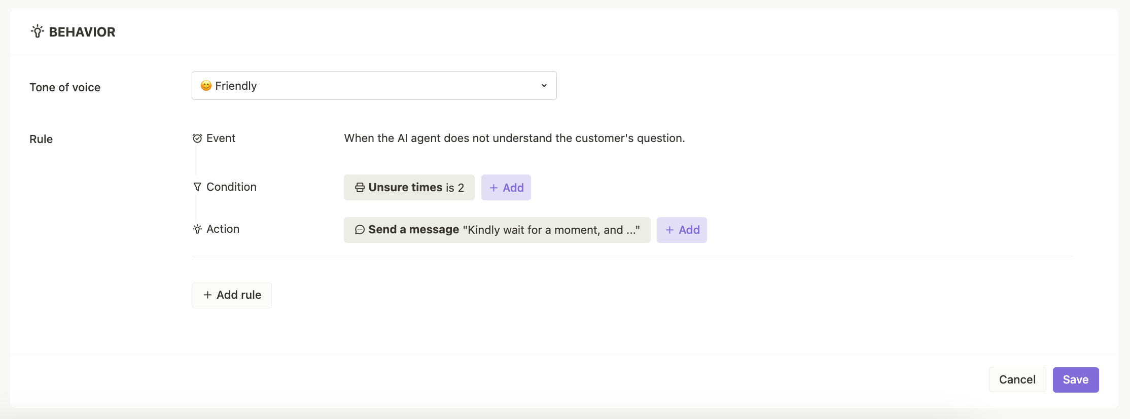 This photo shows the Behavior section in AI Assistant configuration!