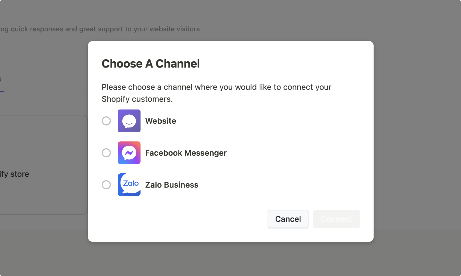Choose channel to connect store