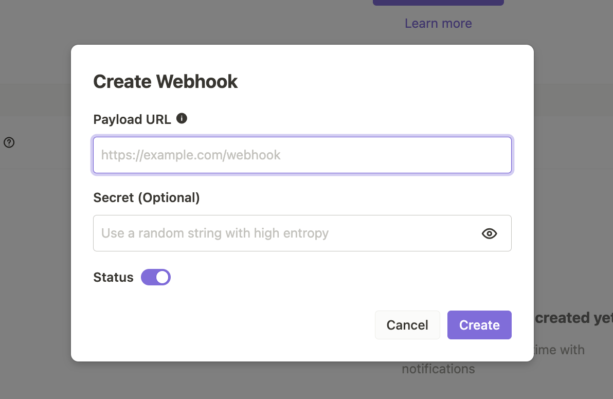 The image displays a popup for creating a webhook!