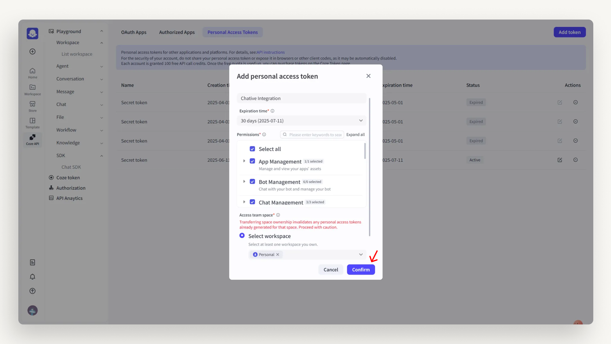Sao chép và nhập Token vào Chative