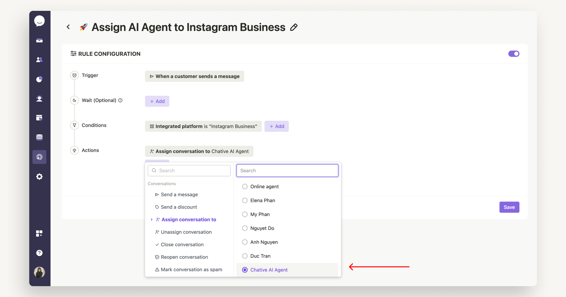Gán Nhân viên AI cho kênh Instagram Business tự động