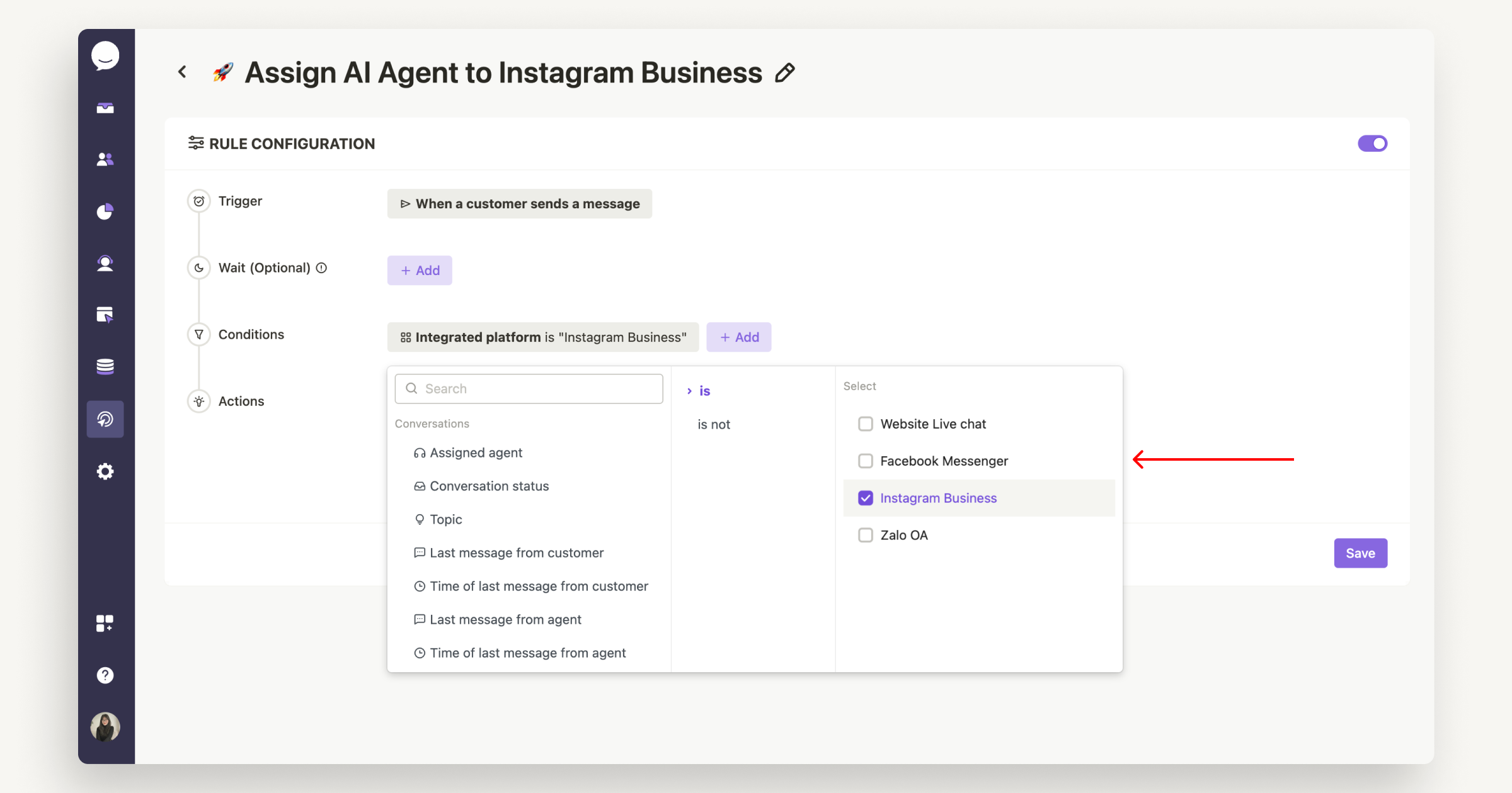 Gán Nhân viên AI cho kênh Instagram Business tự động