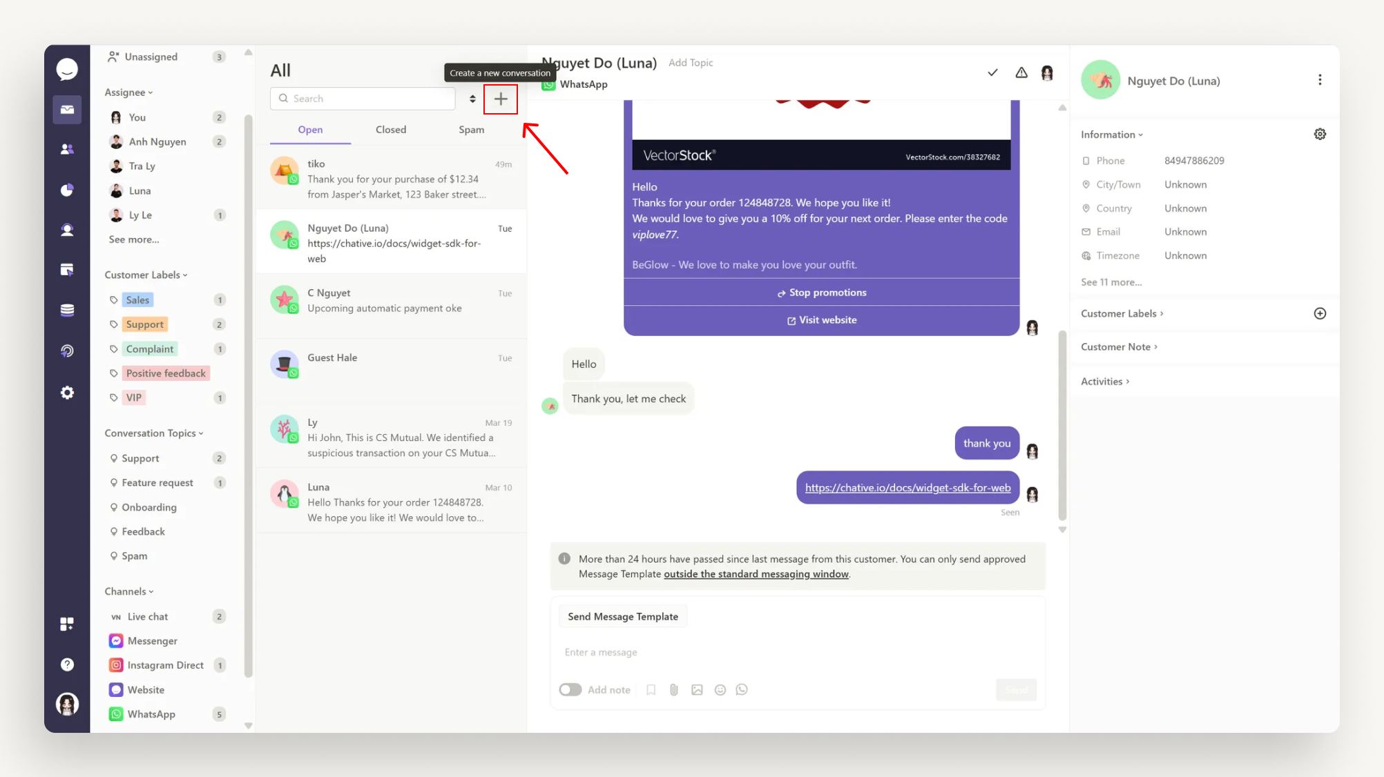 Giao diện tạo tin nhắn đi trong WhatsApp Business