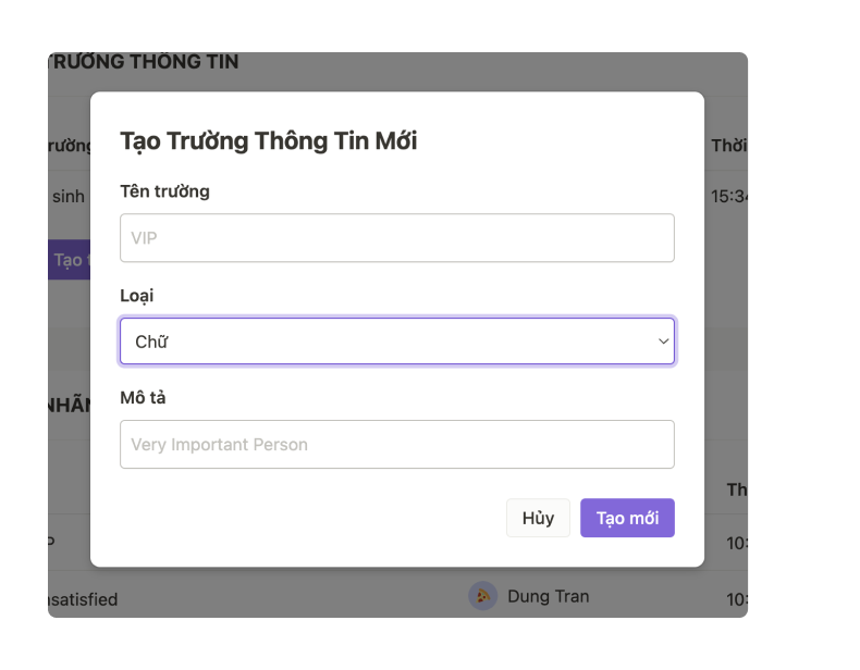 Tạo trường thông tin